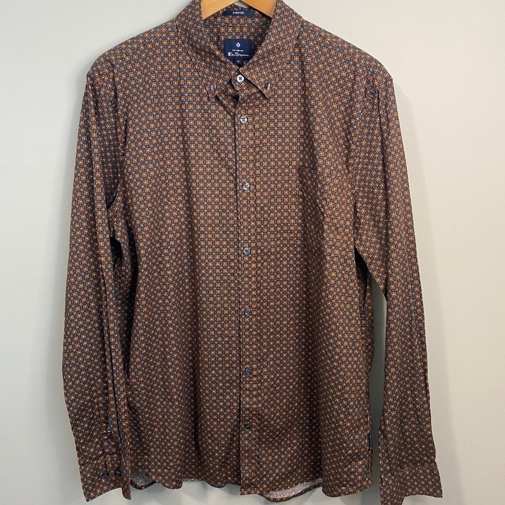 Ben‎ Sherman Men's Brown Tiny Geometric Print Button-down Shirt Size XL